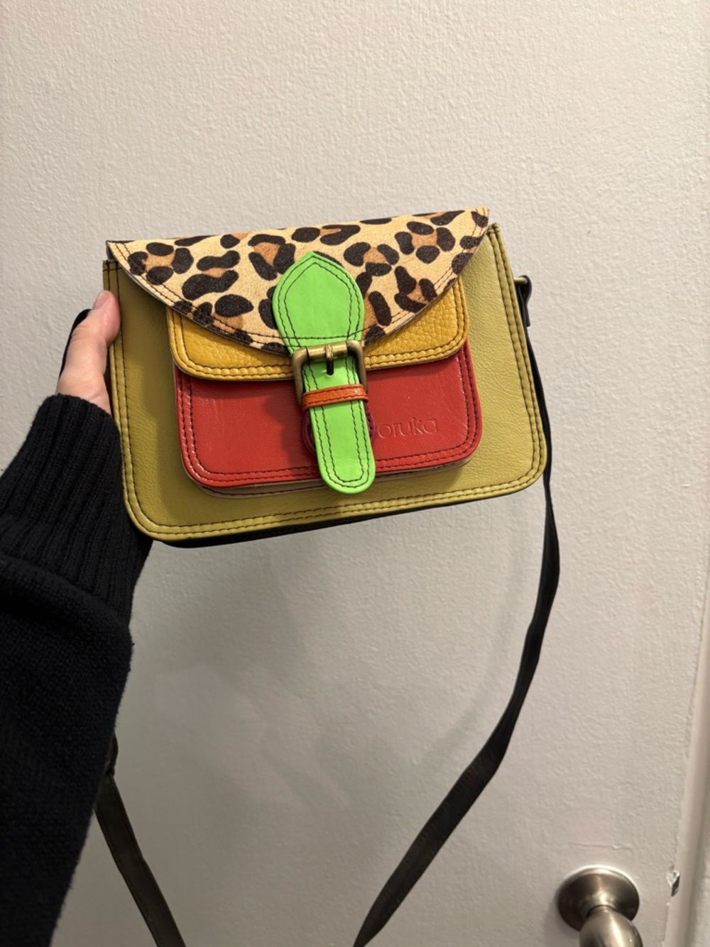 Soruka Colorful Leopard-Accent Crossbody Bag - Green, Yellow & Red